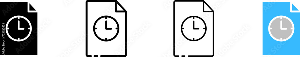 Clock inside document icon set. Silhouette, linear, and flat style. Vector icons. Clock inside document icon set. Silhouette, linear, and flat style. Vector icons.