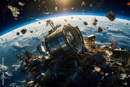 Generative AI image of a satellite caught in a chaotic sea of space junk orbiting Earth, depicting the urgent need for management of space waste