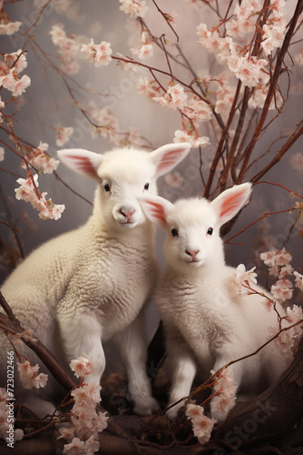 Easter background with white lambs. Easter greeting card concept with Paschal lamb, bright spring image.