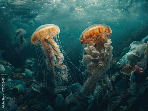 Jellyfish in polluted water with plastic underwater Medusa sea life ecology environmental, save the ocean and planet