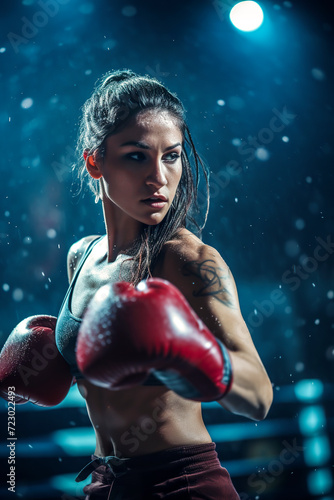 Generative AI image of a focused female boxer ready to strike © ADDICTIVE STOCK CORE