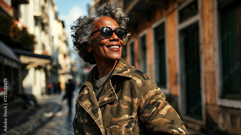Generative AI image of a joyful black senior woman in sunglasses