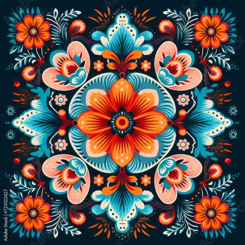 Ukrainian floral embroidery. Ukrainian ornament pattern on dark blue background. Horizontal banking for advertisement. Photo AI Generated