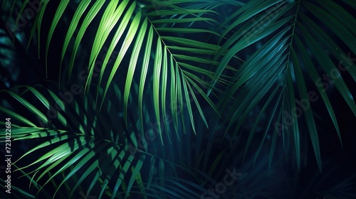 Palm tree leaves and branches, lush green foliage.