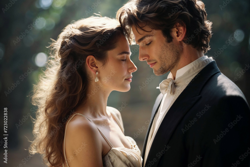 Generative AI side view image of a Caucasian woman and man with eyes closed in formal attire sharing a close moment in a forest setting with dappled light Generative AI side view image of a Caucasian woman and man with eyes closed in formal attire sharing a close moment in a forest setting with dappled light