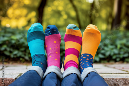 A pair of feet wearing brightly colored odd socks. Person wearing patterned socks with feet up. A man in crazy multi-coloured socks with feet. Odd socks day, anti-bullying week social concept. photo