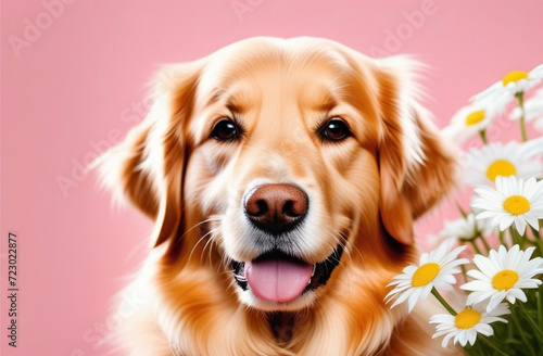 Cute golden retriever with white daisies on a pink background with copy space. Banner for Women's Day, birthday, Mother's Day, spring concept © SmartArtStudio