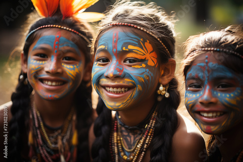 Joyful children with traditional tribal face paint Generative AI image photo