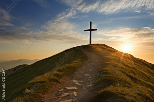 AI Generated Image of path leading to the Christian cross on a hill against dramatic sky at sunset