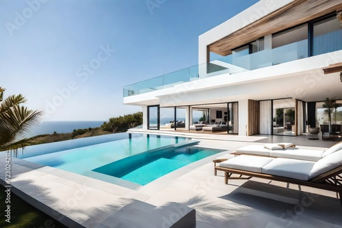A luxurious villa with a white modern house, pool, and an awe-inspiring sea view panorama