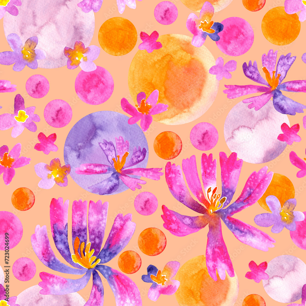 Seamless pattern of watercolor colorful bright flowers, circles. Hand drawn illustration. Hand painted elements on Peach background. For prints, wrapping paper, fabric design, packaging, wallpaper.