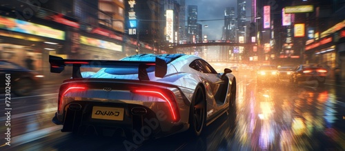 Futuristic luxury modern high speed sport car driving in city at night with neon light. AI generated