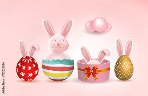 Easter bunny with colorful Easter eggs. Happy Easter holiday concept   minimalistic style  3d vector. Space for copying.