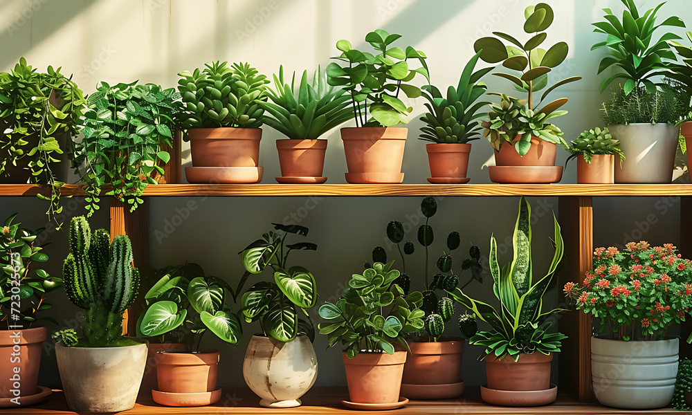 Potted plants  arranged on a shelf for home decoration and gardening.Beautiful green houseplants in pots on wooden shelf.International Plant Appreciation Day Concept.