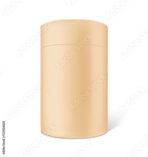 Kraft paper brown tube package mockup. You can add own custom label. Vector illustration isolated on white background. Can be used for food, cosmetic, medical. Vector illustration. EPS10.