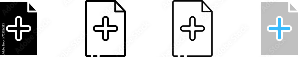 File with plus icon set. Add file button. Silhouette, linear, and flat style. Vector icons. File with plus icon set. Add file button. Silhouette, linear, and flat style. Vector icons.