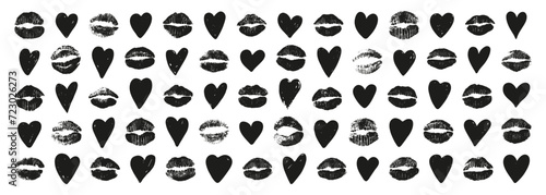 Set of hearts and kiss marks, black silhouettes. Symbols of Valentine's Day. Love, romantic, and beauty themes. Vector illustration