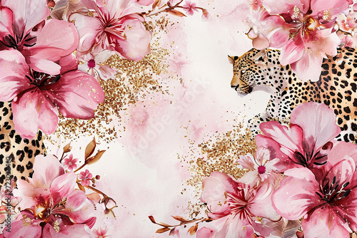 leopard print watercolor with pink and flowers on background with golden glitter for product card photo