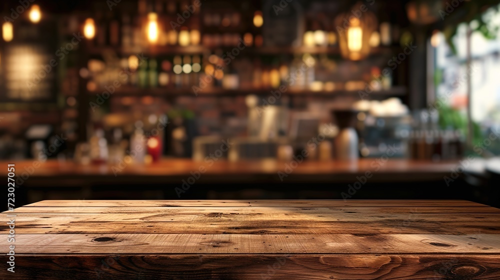 Over a blurry background, a wooden board table is vacant. 