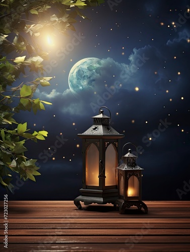 Arabic lantern on a wooden table full of clouds with a background of leaves at night and the moon, copy space - generative ai