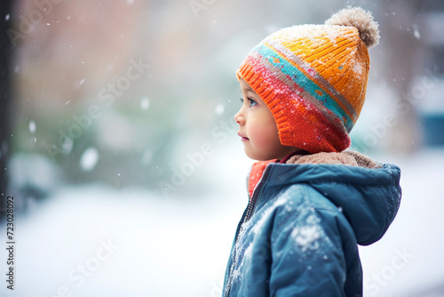 Cute little kid boy playing on a snowy winter day. Cute child having fun outdoors