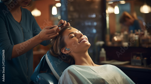 Amidst the chic interior of a trendy hairdresser shop, a beautiful woman indulges in a pampering treatment