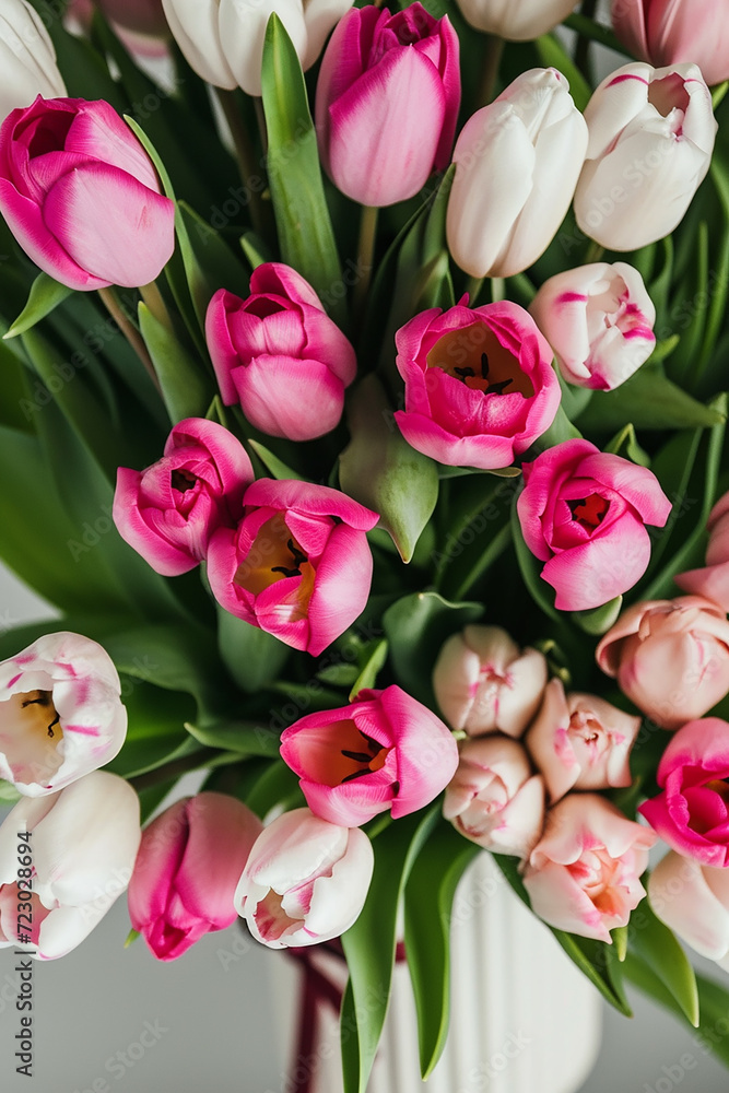 a vase filled with pink and white tulips a vase filled with pink and white tulips