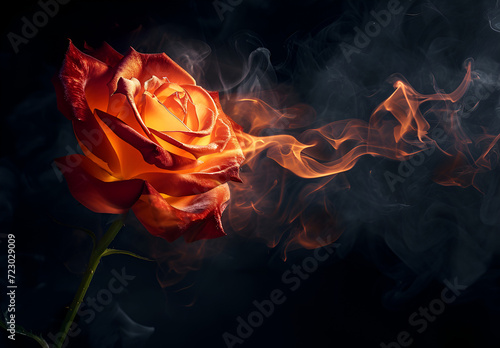 Rose burning in flames next to black background, bright backgrounds