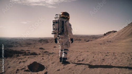 Astronauts land on the surface of a newly discovered distant planet. Astronaut in space suit exploring space