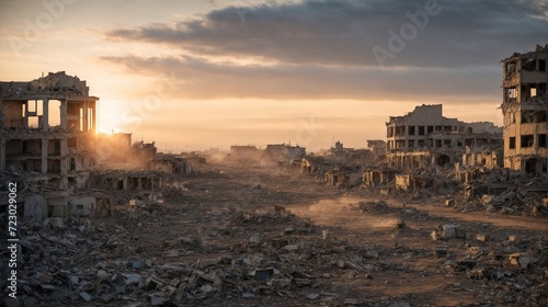 end of the world due to a world war has left cities with rubble and ruins. Post-apocalyptic city at sunset
