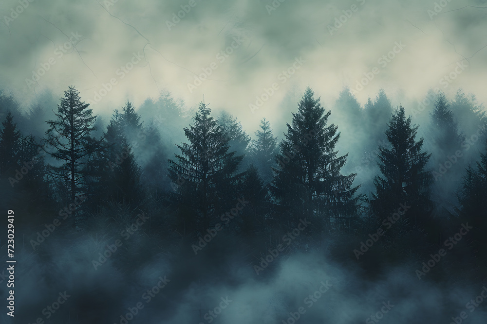 A misty mountain landscape with a forest of pine trees in a vintage retro style. The environment is portrayed with clouds and mist, creating a vintage and atmospheric imagery of a tree-covered forest.