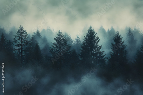 A misty mountain landscape with a forest of pine trees in a vintage retro style. The environment is portrayed with clouds and mist  creating a vintage and atmospheric imagery of a tree-covered forest.