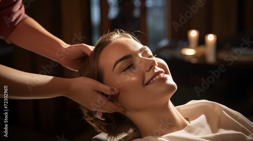  the serene ambiance of a luxury spa, a beautician meticulously conducts a face beauty routine for a female client