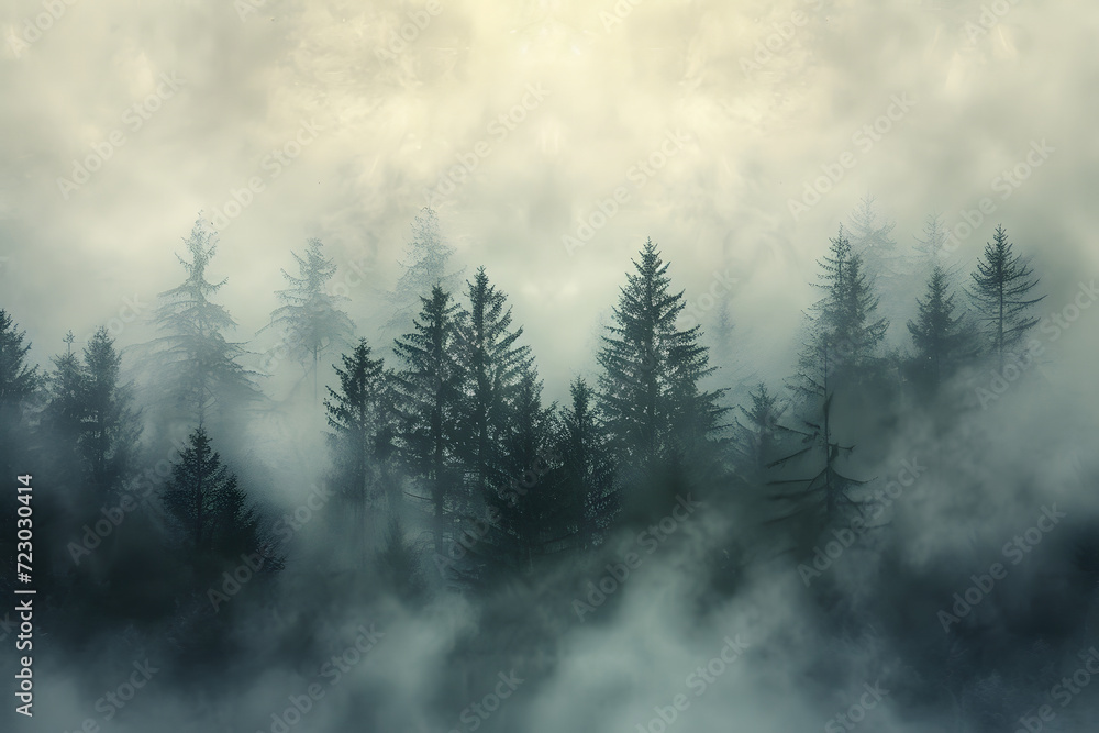 A misty mountain landscape with a forest of pine trees in a vintage retro style. The environment is portrayed with clouds and mist, creating a vintage and atmospheric imagery of a tree-covered forest. A misty mountain landscape with a forest of pine trees in a vintage retro style. The environment is portrayed with clouds and mist, creating a vintage and atmospheric imagery of a tree-covered forest.