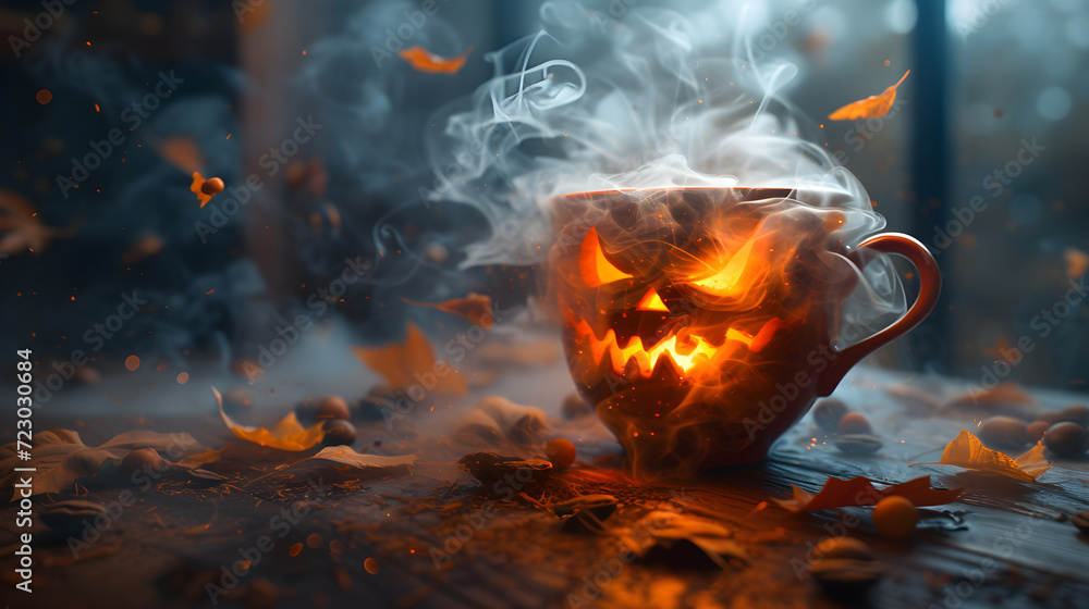 Happy Halloween, cup of coffee with smoke. Halloween-themed coffee art with smoke, Religious Festival, Generative Ai