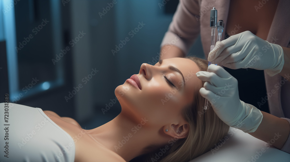 a high-end beauty clinic, a beautician administers an injection filler on a female client with meticulous attention to detail a high-end beauty clinic, a beautician administers an injection filler on a female client with meticulous attention to detail