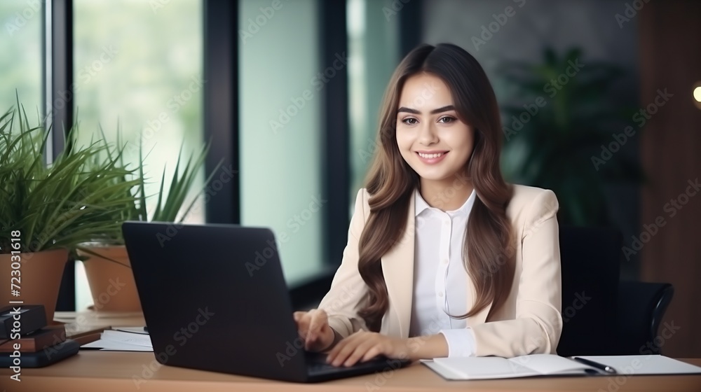 portrait of beautiful cheerful business woman smiling while working with laptop, computer. portrait of beautiful cheerful business woman smiling while working with laptop, computer.
