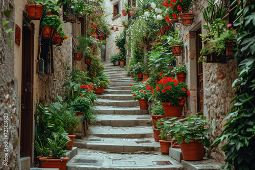 Charming Mediterranean Village: A Picturesque Summer View of an Ancient Italian Town with Narrow Stone Alleys and Colorful Flowers
