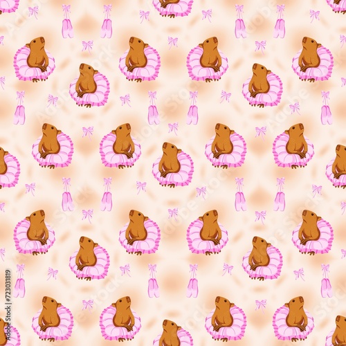 seamless pattern with an abstract background capybara girl in pink skirt and pointe shoes. Capybara ballerina dancing.