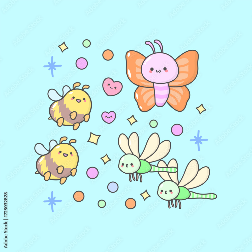 Vector Insect Butterfly Bee Dragonfly with cute facial expressions and pastel colour