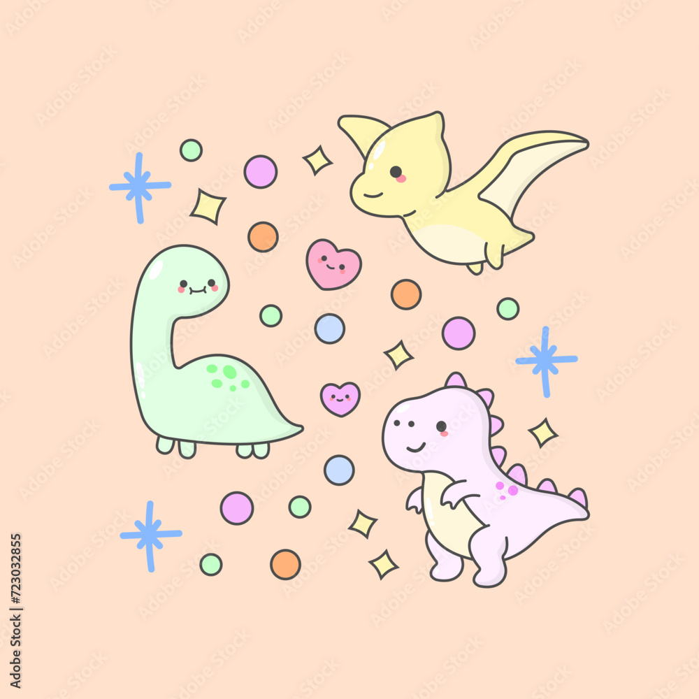 Vector Dinosaurus Tyrannosaurus Brachiosaurus Pterosaurus with cute facial expressions and pastel colour Vector Dinosaurus Tyrannosaurus Brachiosaurus Pterosaurus with cute facial expressions and pastel colour