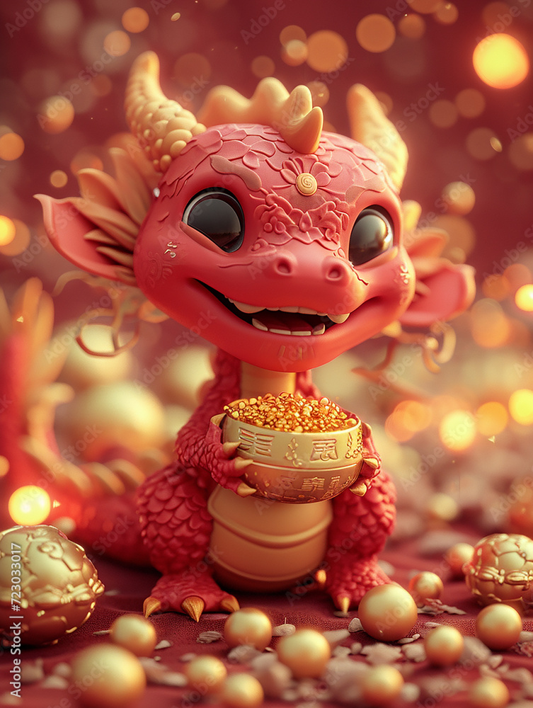 Cute little Chinese dragon man holding a big shiny gold ingot with a smile on his face