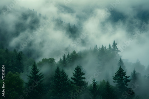 A misty mountain landscape with a forest of pine trees in a vintage retro style. The environment is portrayed with clouds and mist, creating a vintage and atmospheric imagery of a tree-covered forest. © jex