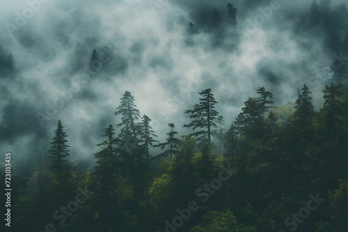 A misty mountain landscape with a forest of pine trees in a vintage retro style. The environment is portrayed with clouds and mist  creating a vintage and atmospheric imagery of a tree-covered forest.