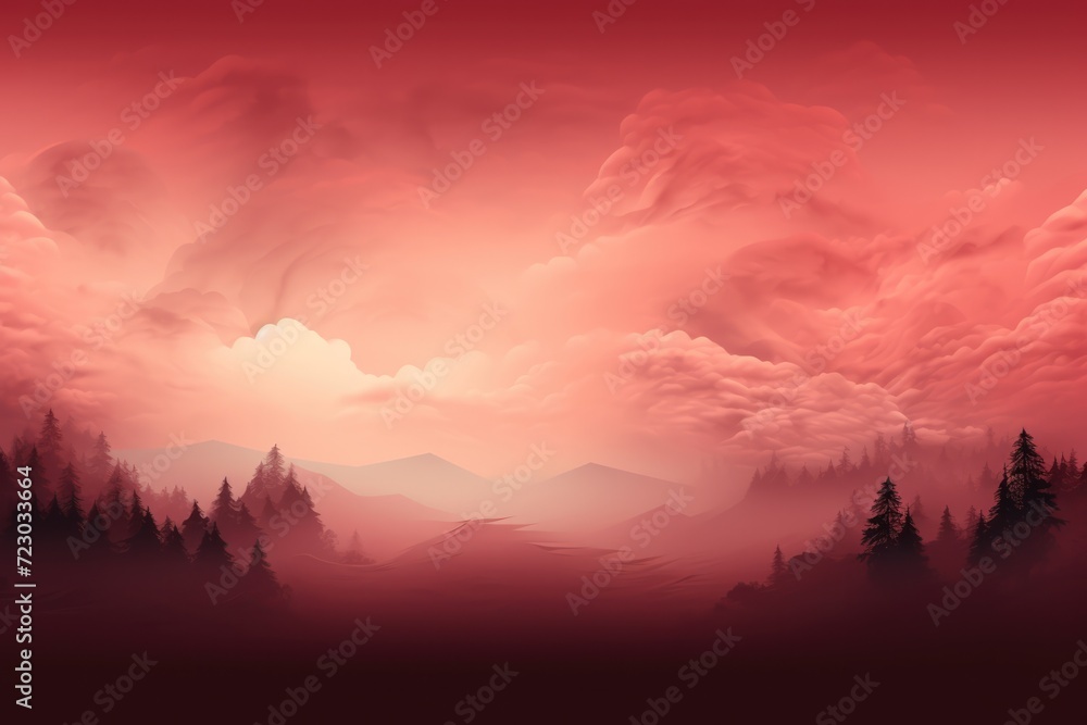 The red predawn or sunset sky. Orange clouds, silhouettes of treetops. Background, backdrop of bright color