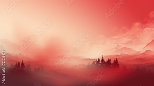 Red sunset or dawn on the background of mountains and trees  in the forest  top view. Silhouettes of fir trees and peaks on a red background.