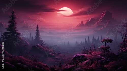 Red sunset on a purple background of mountains and trees, in the forest, top view. Silhouettes of fir trees and mountain peaks on a red-purple-blue background.