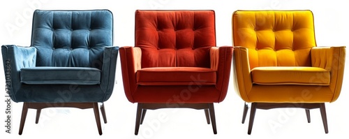 collection Set of red blue and yellow retro vantage armchairs cutouts single seat sofas isolated on white background - Generative AI photo