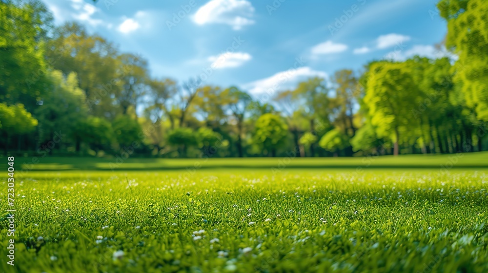 Image of a serene landscape with lush green grass fields under a clear blue sky.