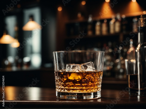 Glass of whiskey with ice on bar counter, moody dark background